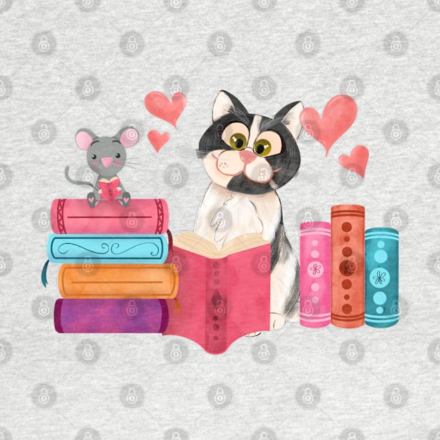 Cute little mouse and cat friend reading books by PrintAmor